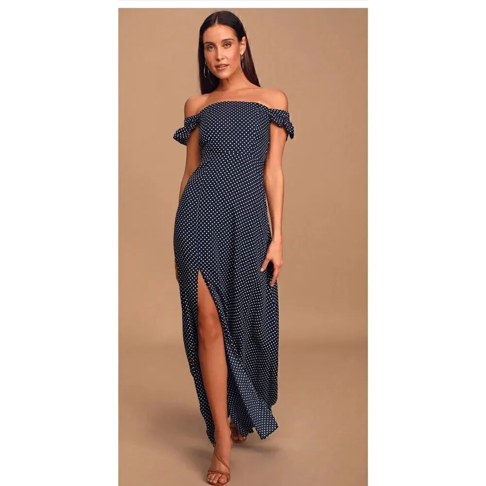 Lulu’s Dream love navy blue white polka dots off shoulder maxi dress S
